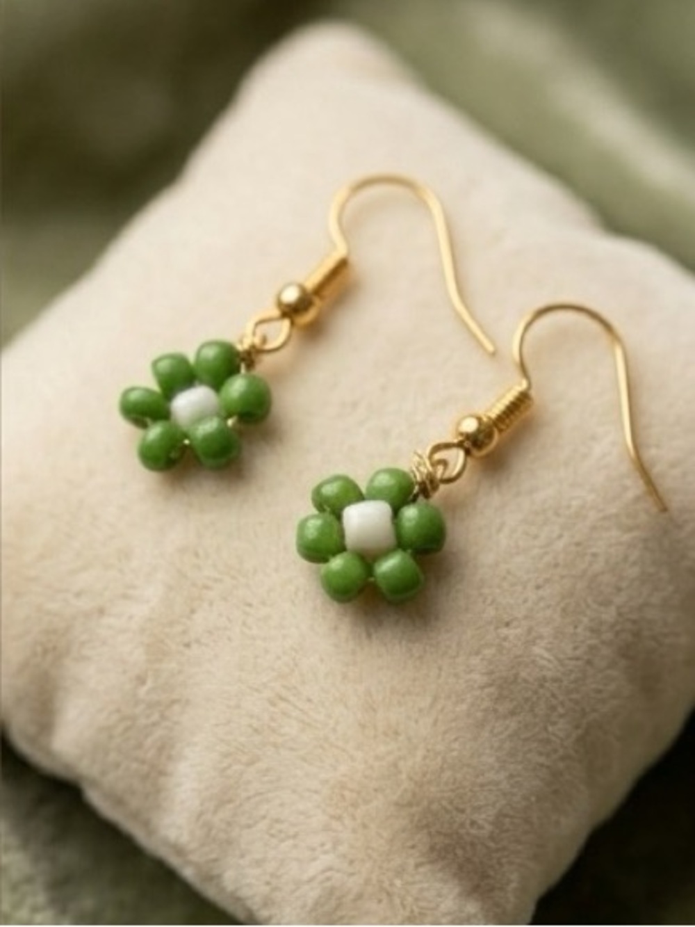 Green Beaded Earrings - Gold Plated Hooks - Picture 3 of 5